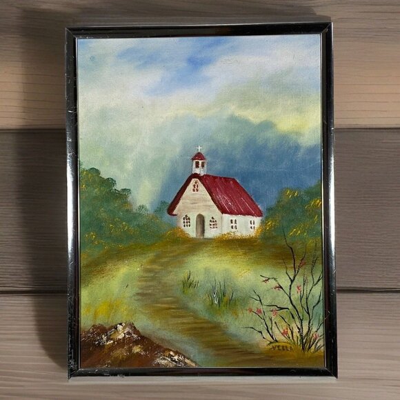 Original Acrylic on Canvas Country Pathway To Church By Vella 1993 Framed - Picture 1 of 10